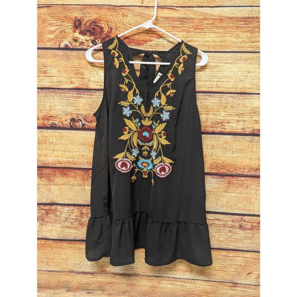 Grace & Emma Sz Large Sleeveless Black Boho Tunic Floral Embroidery EUC